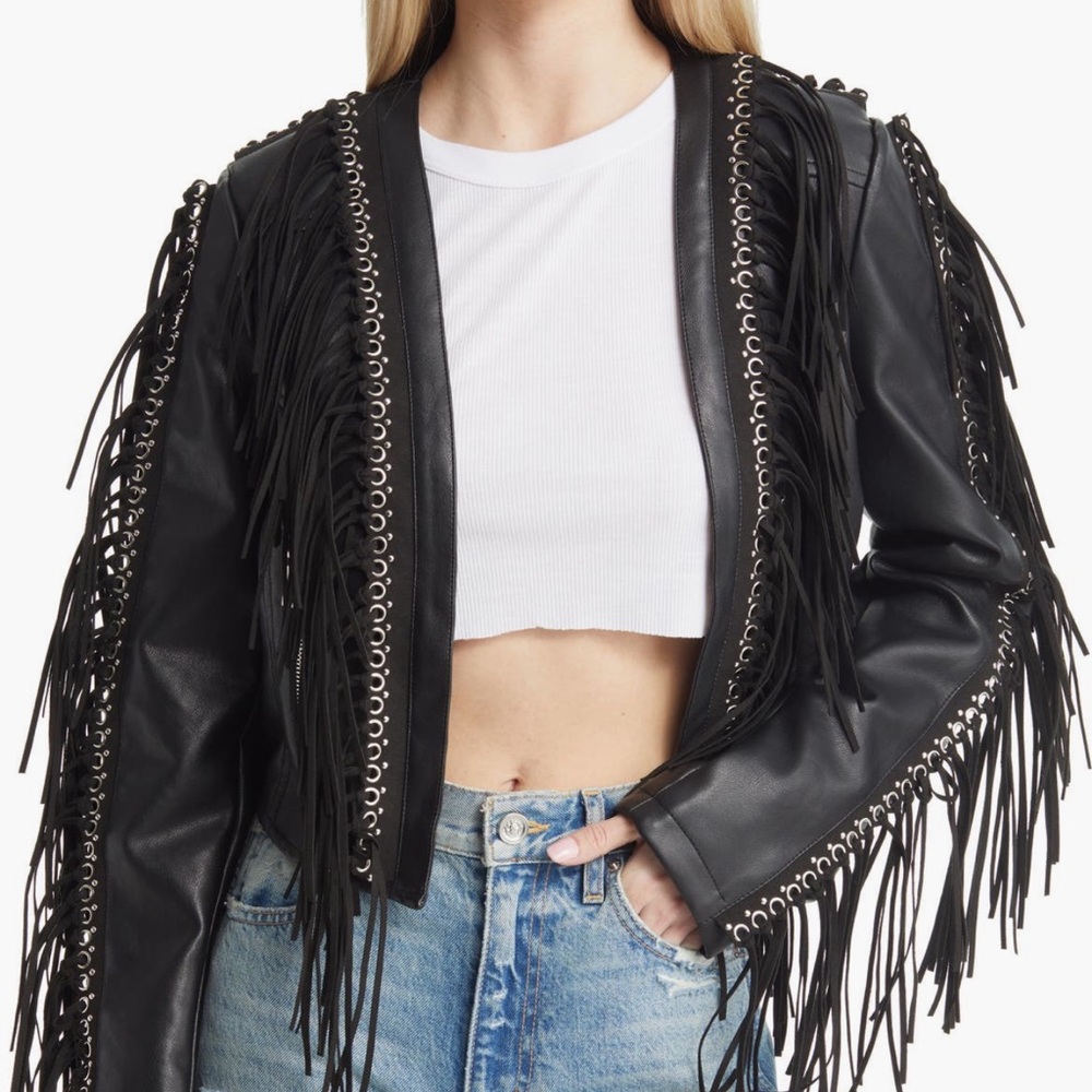 Stylish Black Fringe Leather Jacket - Picture 4 of 8